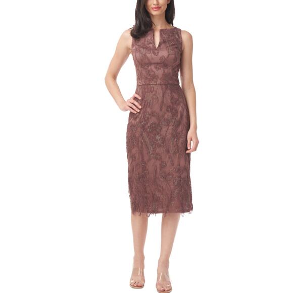 JS Collections Glitter Lace Tulle Midi Sheath Cocktail Dress Mink Brown Size 8 - Picture 12 of 13